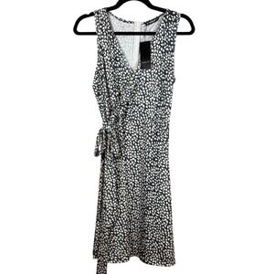 NWT Sheilay Midi Faux Wrap Dress, Geometric Pattern, Blue/Gray and White, Size M